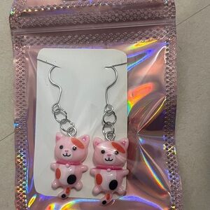 Pink Cat Charm Drop Earrings - Unbranded